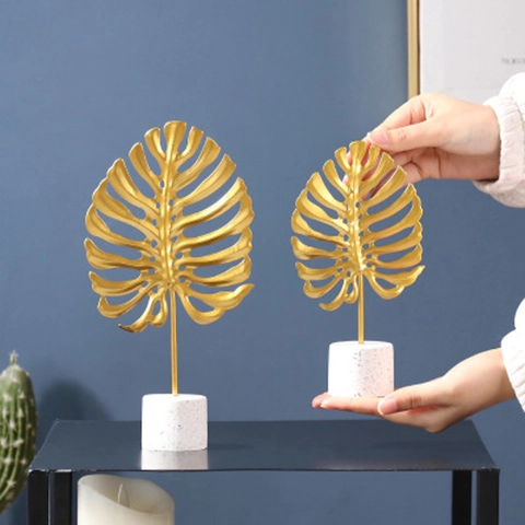 Golden Metal Monstera Ginkgo Leaf Ornament With Marble Base Nordic Creative Desktop Decoration For Home Office Art