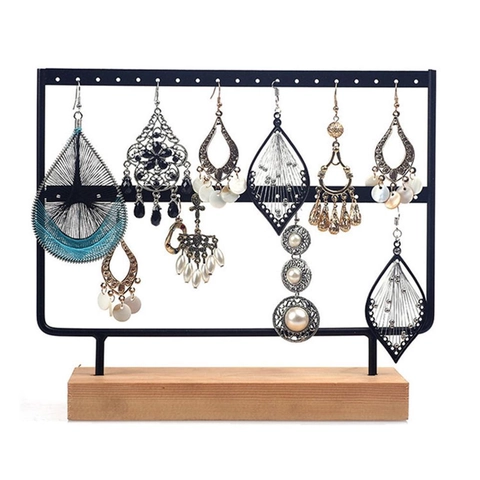 Earring Display Rack Jewelry Organizer With Wood Base Detachable Metal Iron Holder For Desktop Stud Storage Modern