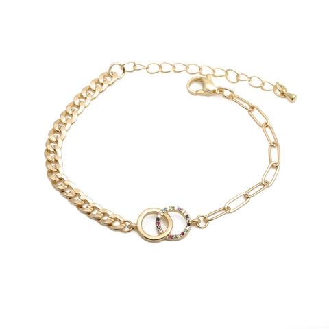 Fashion Copper Bracelet Gold Plated With Colorful Zircon Mixed Cuban Paperclip Chain Interlocking Double Rings Adjustable