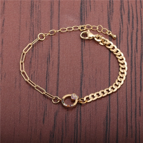 Cuban Link Bracelet Colorful Zirconia Heart Pendant Paperclip Chain Copper Hip Hop Punk Jewelry Adjustable For Women