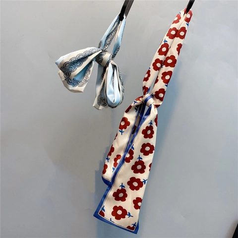 Satin Ribbon Scarf Floral Paisley Printed Long Narrow Hairband For Women Sweet Elegant Versatile Head Wrap Accessory