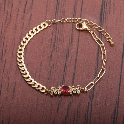 Punk Hip Hop MOM Letter Bracelet Copper Multi Color Zircon Red Center Stone Asymmetric Chain Adjustable Jewelry