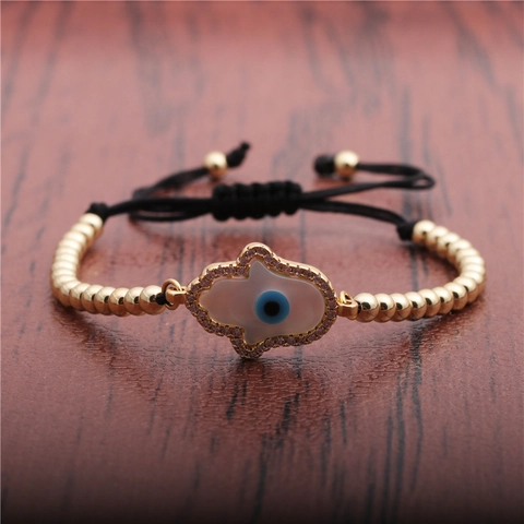 Hamsa Hand Evil Eye Bracelet Gold Plated Copper Beads Micro Pave Cubic Zirconia Adjustable Black Woven Rope Jewelry