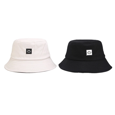 Smile Face Embroidery Cotton Canvas Bucket Hat Outdoor Sun Protection Casual Fisherman Cap