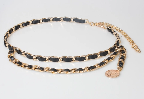 Cinturón De Cadena Trenzada Mujer Metal Cuero PU Colgante Moneda Retro Accesorio Moda Ajustable Para Vestidos