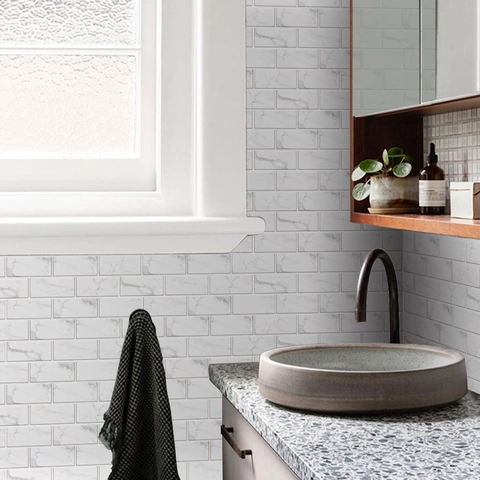 Adesivi Per Piastrelle Motivo Marmo Impermeabile Autoadesivo PVC 3D Decalcomanie Da Muro Lucido Decorazione Cucina Bagno