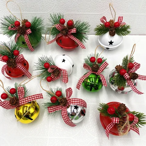 Christmas Metal Bell Ornaments Iron Star Cutouts With Fabric Plaid Bow Pine Cone Berry For Xmas Tree Decoration