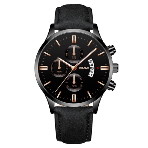 Quartz Watch For Men Leather Strap Alloy Case Chronograph Style Three Eye Six Hand Calendar Date Business Fashion Wristwatch