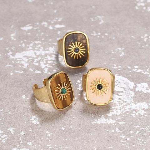 Sunburst Open Adjustable Ring Brass Gold Plated Natural Stone Tiger Eye Lapis Lazuli Vintage Bohemian Women Jewelry