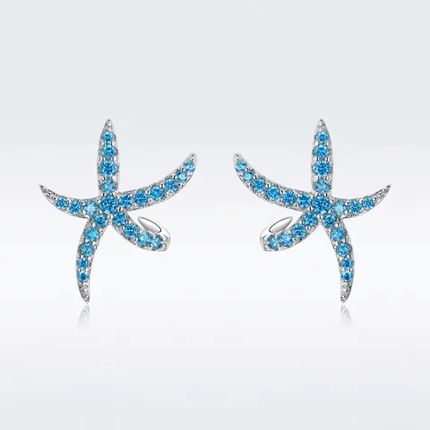 925 Sterling Silver Starfish Stud Earrings For Women Blue Zirconia Inlaid Sea Animal Shape Ocean Theme Daily Jewelry Gift