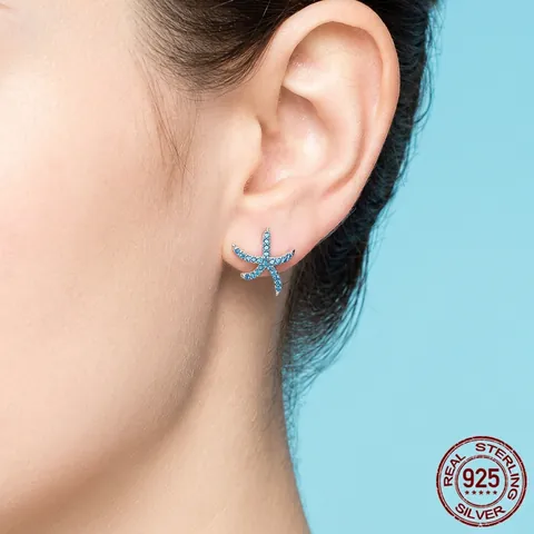 925 Sterling Silver Starfish Stud Earrings For Women Blue Zirconia Inlaid Sea Animal Shape Ocean Theme Daily Jewelry Gift