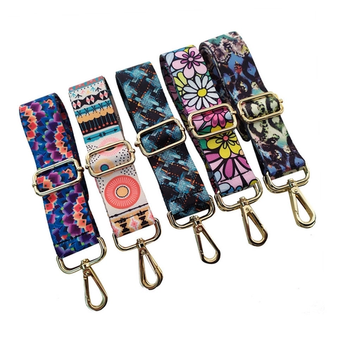 Wide Shoulder Bag Strap Replacement Adjustable Polyester Webbing Ethnic Bohemian Pattern Alloy Hooks Crossbody Handbag
