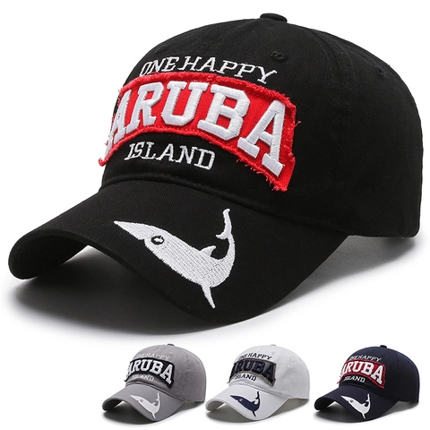 Washed Cotton Baseball Cap Embroidered Shark Aruba Island Letter Distressed Retro Adjustable Sun Hat Casual Streetwear