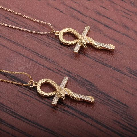 Koperen Slang Omwikkelde Ankh Kruis Hanger Ketting Met Steentjes Verguld Egyptische Stijl Vintage Sieraden