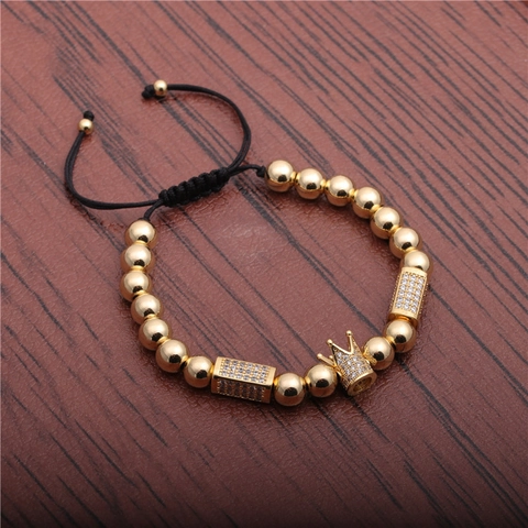 Kroon Charm Kralen Armband Micro Pave Zircon Koperen Metalen Kralen Verstelbare Gevlochten Touw Sieraden Voor Heren Dames
