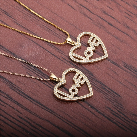 Romantic Heart Pendant Necklace Copper Rhinestone Inlaid LOVE Letter Double Layer Box Chain Jewelry Gift For Women