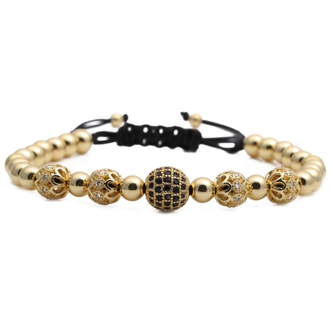 Pulsera Bola Circonita Cúbica Micro Pavé Cuentas Cobre Cuerda Trenzada Ajustable Joyería Artesanal Hip Hop