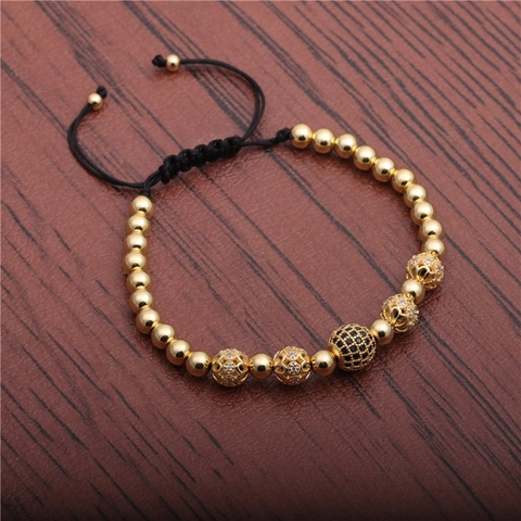 Pulsera Bola Circonita Cúbica Micro Pavé Cuentas Cobre Cuerda Trenzada Ajustable Joyería Artesanal Hip Hop