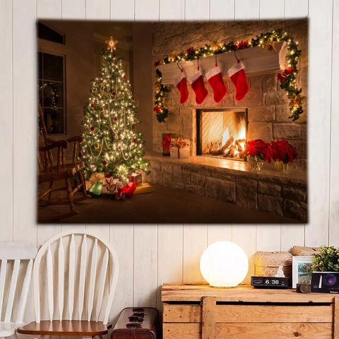 Arazzo Di Natale Da Parete Poliestere Camino Albero Di Natale Motivo Decorazione Casa Dormitorio Sfondo
