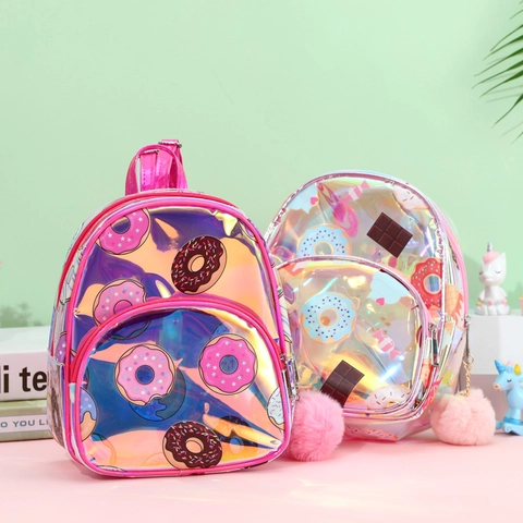Mochila Infantil De TPU Holográfico Patrón De Donas Lindo Laser Mini Bolsa Escolar Con Bola De Peluche Para Niñas