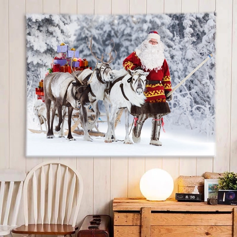 Arazzo Natalizio Tessuto Poliestere Appeso Parete Babbo Natale Pop Art Scena Neve Per Soggiorno Camera Letto Decorazione Festiva