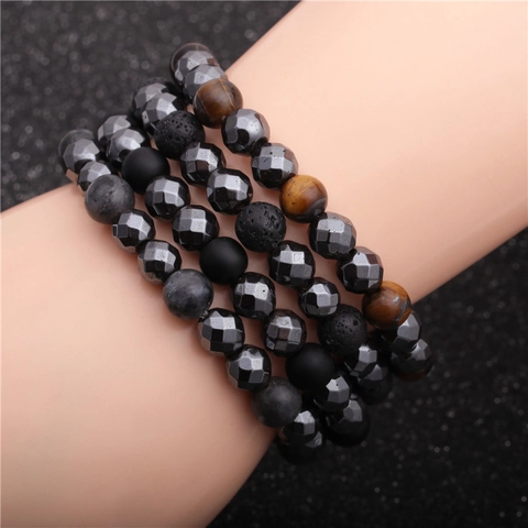 Beaded Bracelet With Faceted Hematite Tiger Eye Lava Stone And Matte Agate Elastic Handmade Unisex Jewelry