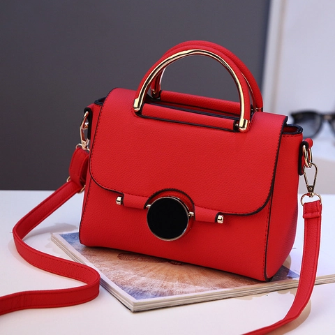 Women Crossbody Handbag PU Leather Pebbled Texture Metal Top Handle Round Lock Elegant Daily Purse