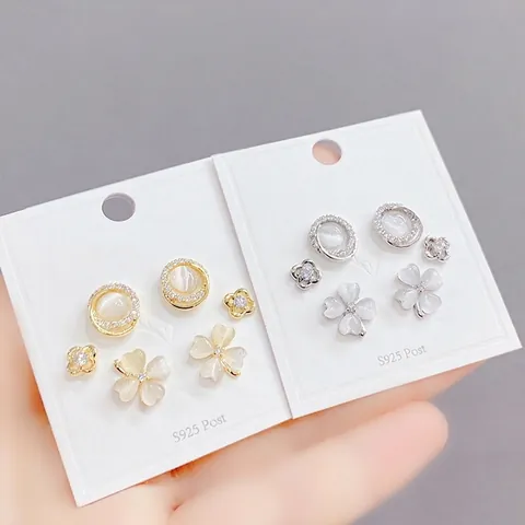Clover Round Cat Eye Stone Stud Earrings With 925 Sterling Silver Earring Post Copper Zircon Elegant Korean Jewelry
