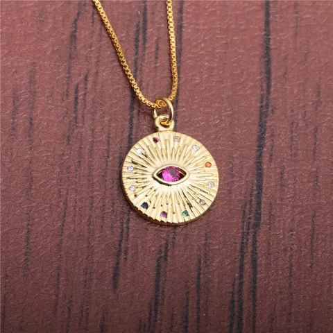 Evil Eye Anhänger Halskette Kupfer Runder Medaillon Zirkon Bunte Rhinestone Vergoldeter Schmuck Für Frauen