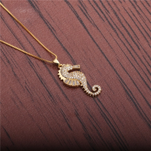 Collana Con Ciondolo A Cavalluccio Marino Rame Con Micro Pave Zirconia Catena Box Dorata Gioielli Moda Oceano Donne