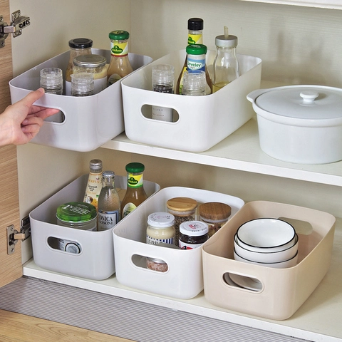 Plastic Storage Basket With Handles Rectangular Organizer Bin For Kitchen Cabinet Closet Desktop Minimalist Japanese Style