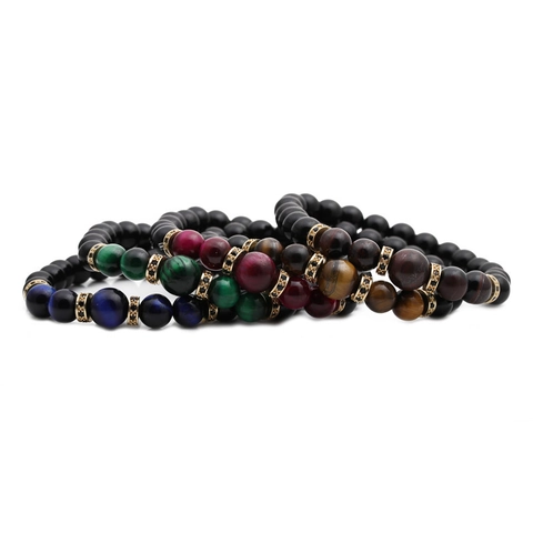Tigerauge Stein Perlenarmband Mattierter Edelstein Goldene Legierung Zirkon Zwischenperlen Handgefertigt Unisex