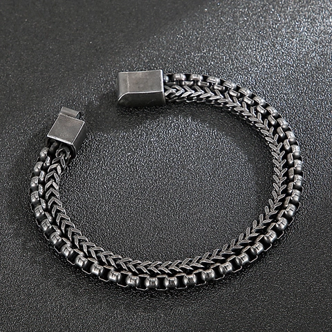 Pulsera De Hombre De Doble Capa De Acero Inoxidable Cadena Cubana Y De Caja Estilo Industrial Retro Joyería