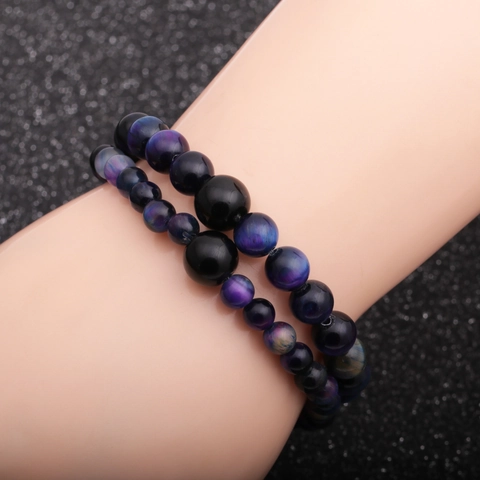 Pulsera De Cuentas Para Hombre Piedra Ojo De Tigre Cielo Estrellado Estilo Galaxia Joyería Elástica