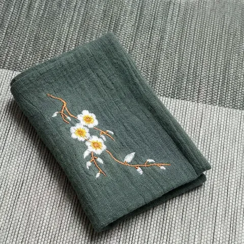 Paño De Té De Lino Y Algodón Bordado Paño De Té Absorbente Grueso Estilo Zen Vintage Patrón De Flor De Ciruelo Para Té