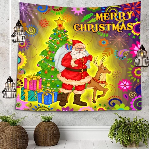 Arazzo Da Parete Di Natale Poliestere Tessuto Di Sfondo Decorazione Appesa Per Camera Da Letto Dormitorio Festa Modello Cartone Animato Babbo Natale Renna