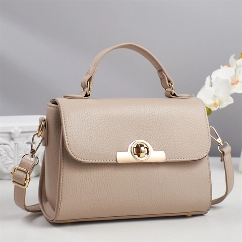 Women Handbag Elegant Litchi Pattern PU Leather Top Handle Crossbody Shoulder Bag With Gold Twist Lock Versatile Small Square