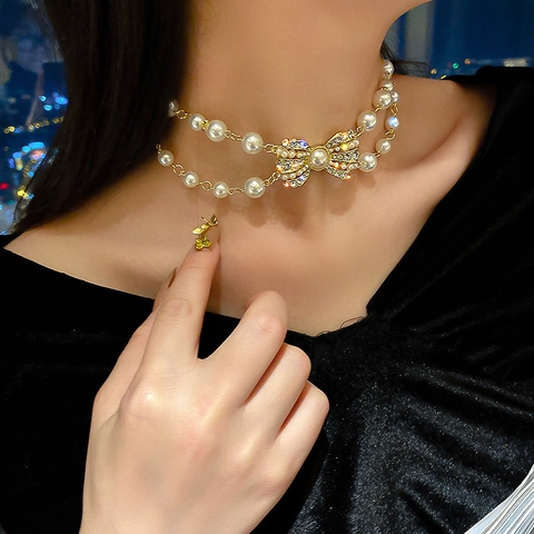 Double Layer Imitation Artificial Pearl Necklace With Rhinestone Bow Alloy Choker Elegant Fashion Jewelry For Women