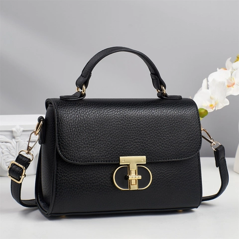 Elegant Women Handbag PU Litchi Texture Crossbody Bag With Golden T-Lock Top Handle Adjustable Strap Versatile Square