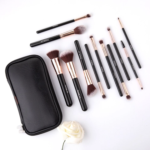 Pennelli Per Trucco Professionali Setole In Fibra Sintetica Manico In Legno Con Custodia In Pelle PU Con Cerniera Strumenti Di Bellezza