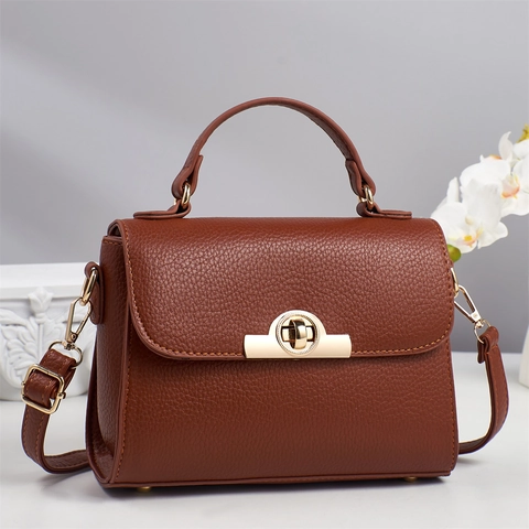 Women Handbag Elegant Litchi Pattern PU Leather Top Handle Crossbody Shoulder Bag With Gold Twist Lock Versatile Small Square