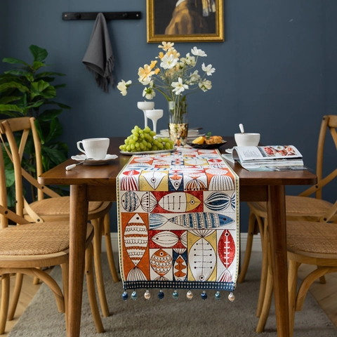 Chenille Tischläufer Mit Buntem Fischmuster Und Ballquasten Für Zuhause Essen Küche Dekor Polyester