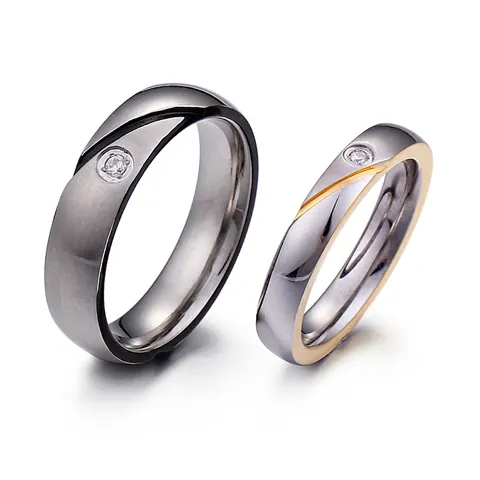 Stainless Steel Couple Rings Minimalist Brushed Matte Finish Single Zircon Inlay Fashion Promise Rings Men Women