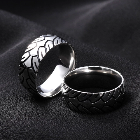 Vintage Men Tire Tread Band Ring 316 Stainless Steel Retro Punk Industrial Style Jewelry Cool Biker Gothic Accessory