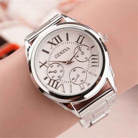 Geneva Women Fashion Quartz Watch Alloy Case Stainless Steel Strap Roman Numeral Analog Casual Wristwatch Elegant