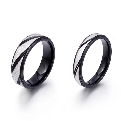 Anello Bicolore Nero Argento Spazzolato Motivo Diagonale Fascia Acciaio Inossidabile 316L Gioielli Industriali Coppie