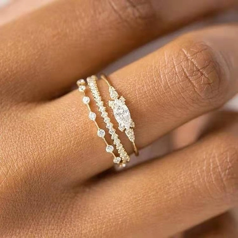 Französische Marquise Zirkonia Stapelringe Set Für Damen Kupfer Vergoldet Minimalistisches Mikro-Pave Bandring Hochzeit Schmuck Geschenk