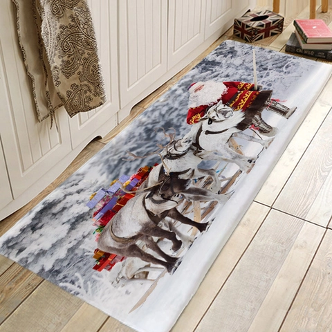 Christmas Floor Mat Non-slip Absorbent Flannel Rug For Home Kitchen Bathroom Santa Reindeer Pattern Decoration