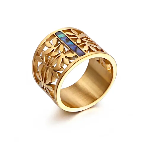 Anillo Ancho Con Patrón De Hoja Calada Acero Inoxidable Chapado En Oro De 18K Incrustación De Concha De Abulón Joyas Vintage
