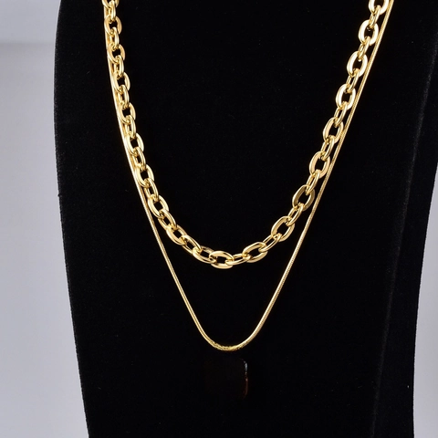 Double Layer Gold Plated Titanium Steel Necklace With Rectangular Tag Minimalist Punk Style Jewelry